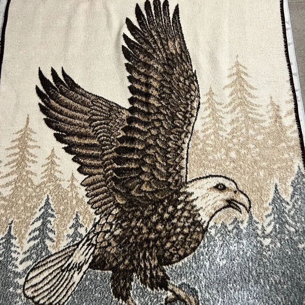 Vintage San Marcos Blanket Bald Eagle Perched Wings Reversible Brown 55x78